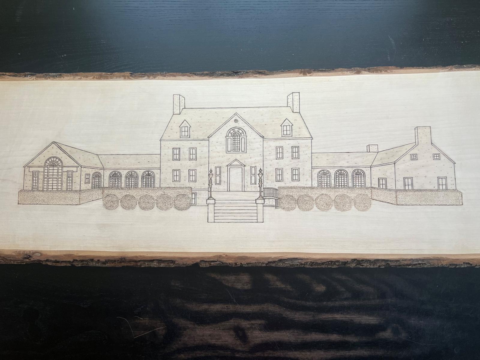 This hand-burned piece of basswood features the Governor's Mansion (officially known as Government House) in Annapolis, Maryland.