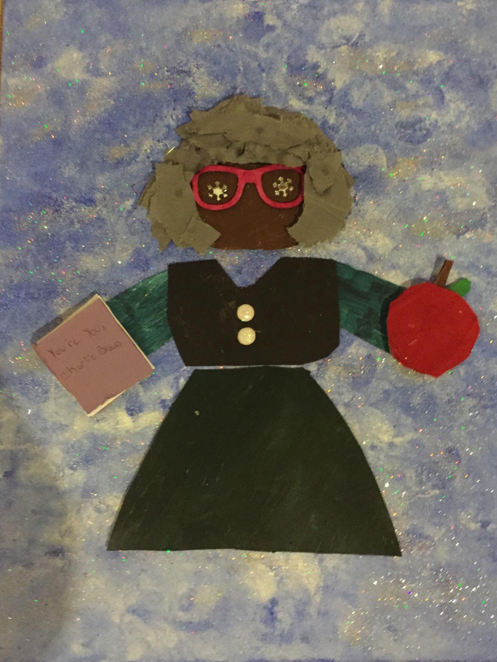 Teacher holding an apple and a book. This piece was created in honor of educators and how they forever impact the lives of their students.