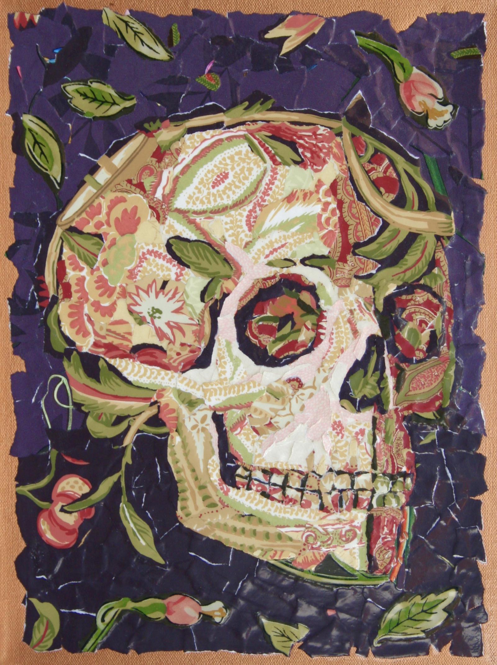 "Grave Digger" is  a wallpaper collage depicting a three quarter view of a human skull. The collage is made from vintage wallpaper with small images of flora and fauna and symbolizes life.