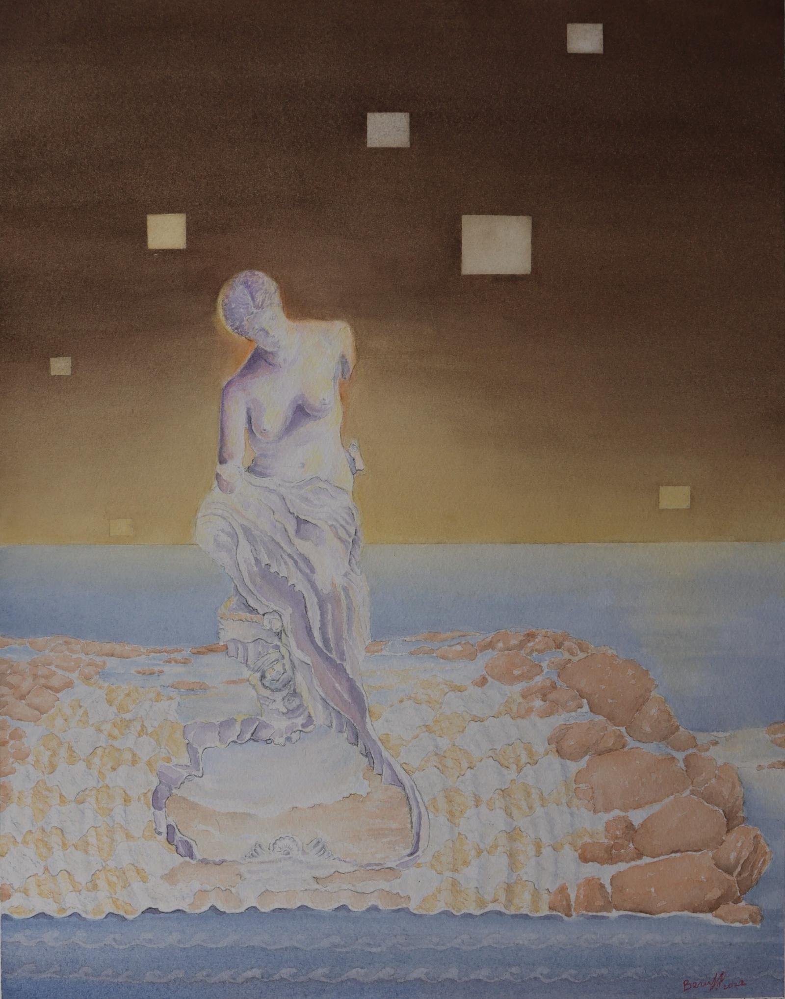 The Metropolitan Museum of Art house a Greco-Roman Statue which is the center piece for this watercolor