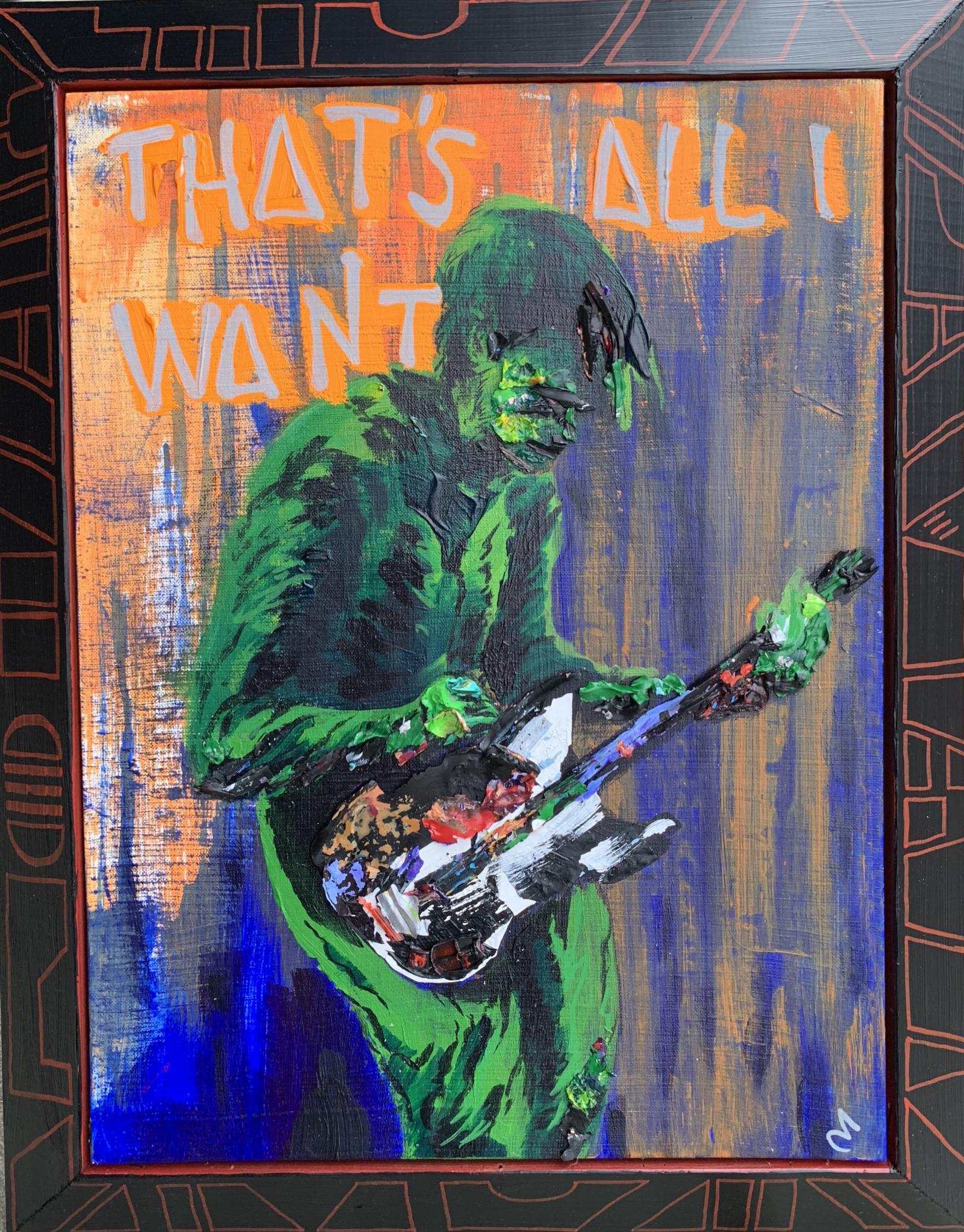 This image is another in a series of projects capturing live music in paint, adding comic sensibilities, and adding assembled materials to flesh out the weight of the moment.  Canvas board attached to found frame.  Image is acrylic with found objects and reclaimed acrylic paint peels.