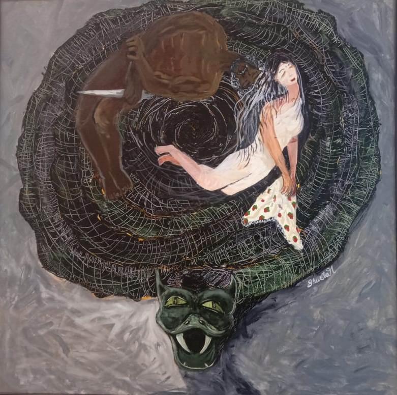 Part of "Bard in Acrylic" series. 

Iago warns Othello about the evils of jealousy, even as he is casting doubts in Othello’s mind. This painting has Othello and Desdemona literally in a monster’s coil. Which is to be blamed – Othello’s insecurity, Iago’s thwarted ambition or Desdemona’s blind love? 

The composition is inspired by Mandala paintings.