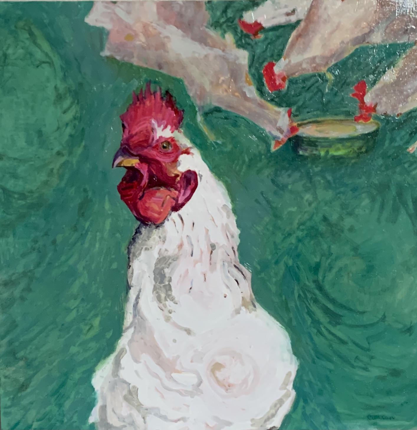 Rooster managing the flock