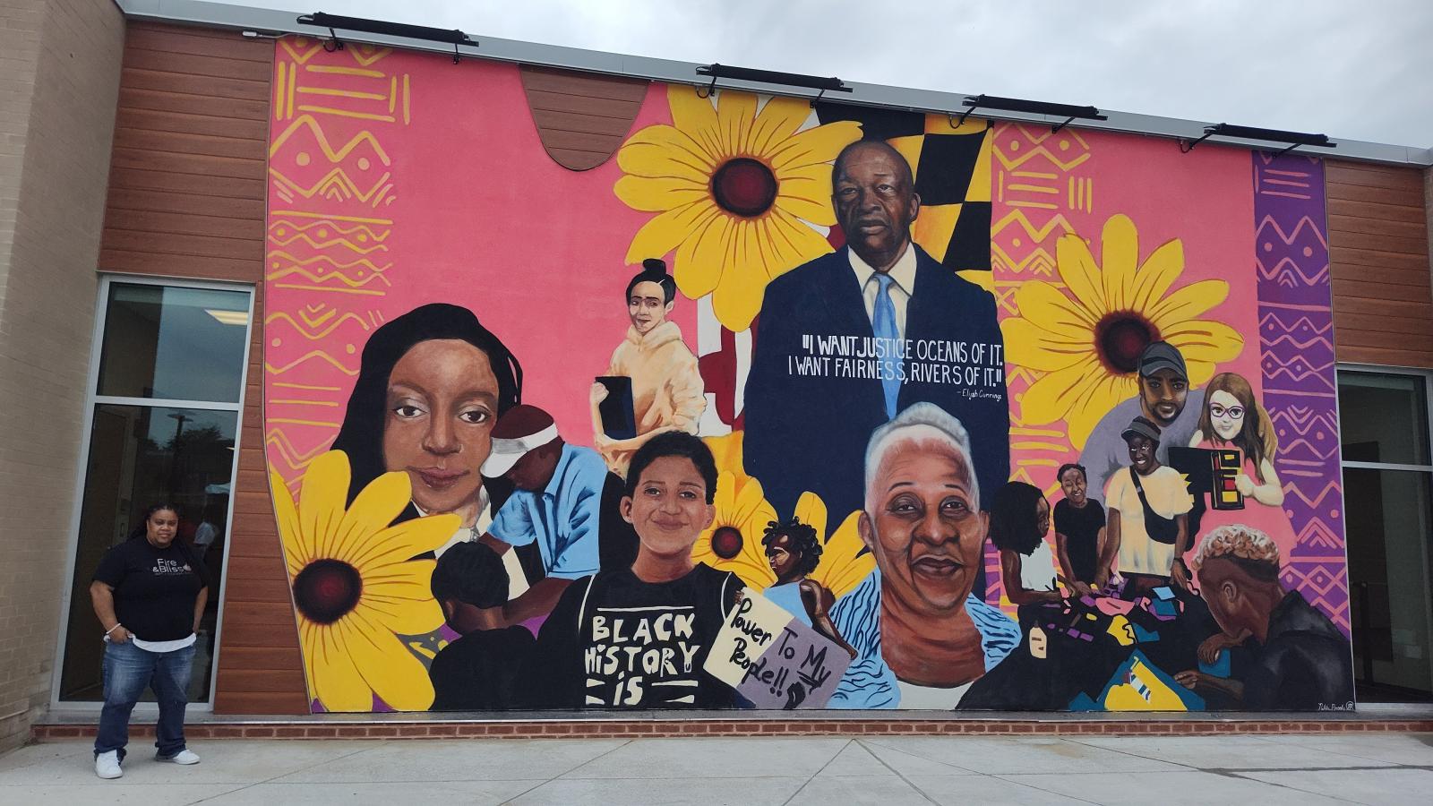 Guardians of Legacy, Honor, and Community  2022 16.3ft.x 30 ft, (2022) Severn, MD 
     I was selected to be the muralist for the new Intergenerational Center in Severn, Maryland.  This mural was a collaborative project between the community of Severn and Arundel County.  It was created to honor the guardians of the Severn Community. 
