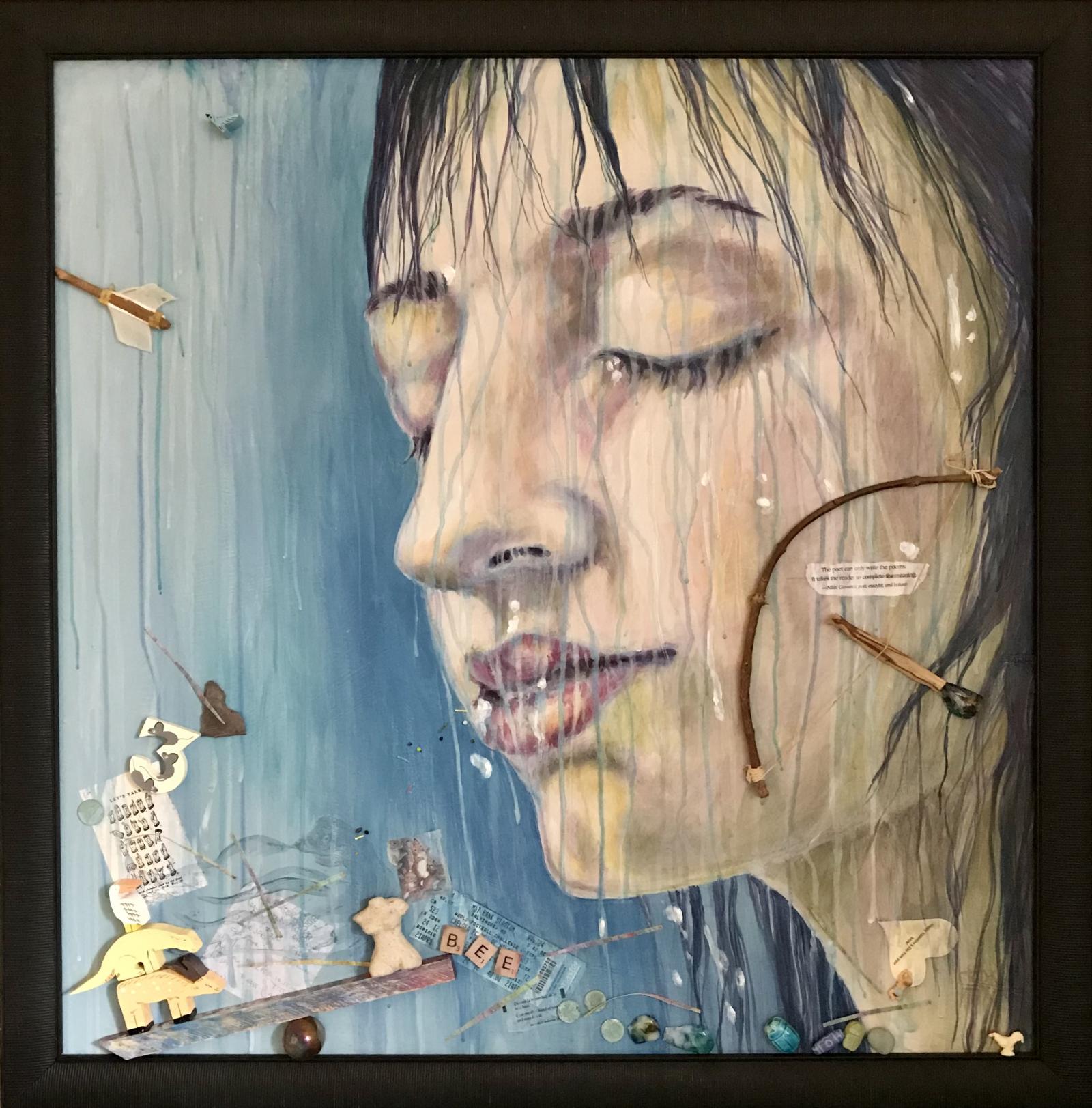 This is a mixed media piece that utilizes acrylic paint and assorted found objects to convey the reflection of a life. Taking a hot shower prompted the vision as it is typically a solitary and sensory action that in many cases, allows the individual to relax a bit and think about a myriad of things.