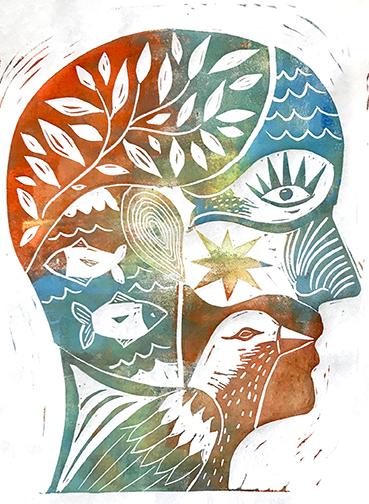 Multi-color head thinking of the earth