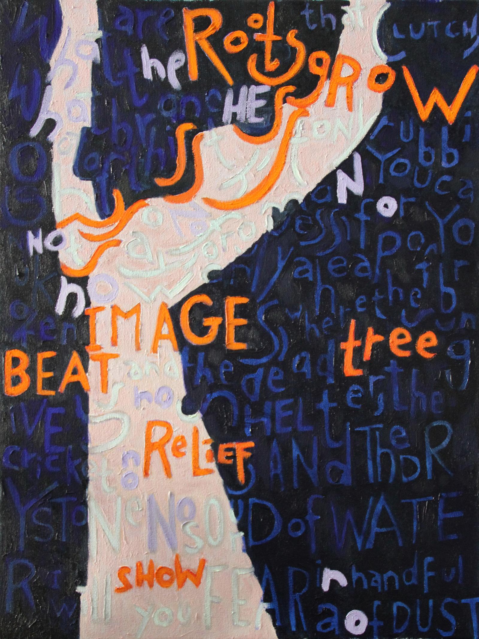 Large white area with three extensions.  Background is midnight blue.  All areas of paint have many layers so that the large field can be described as a block of color but there are minor shifts in color throughout.  Some orange text, some text close to the background it is near.  Mostly illegible text throughout.