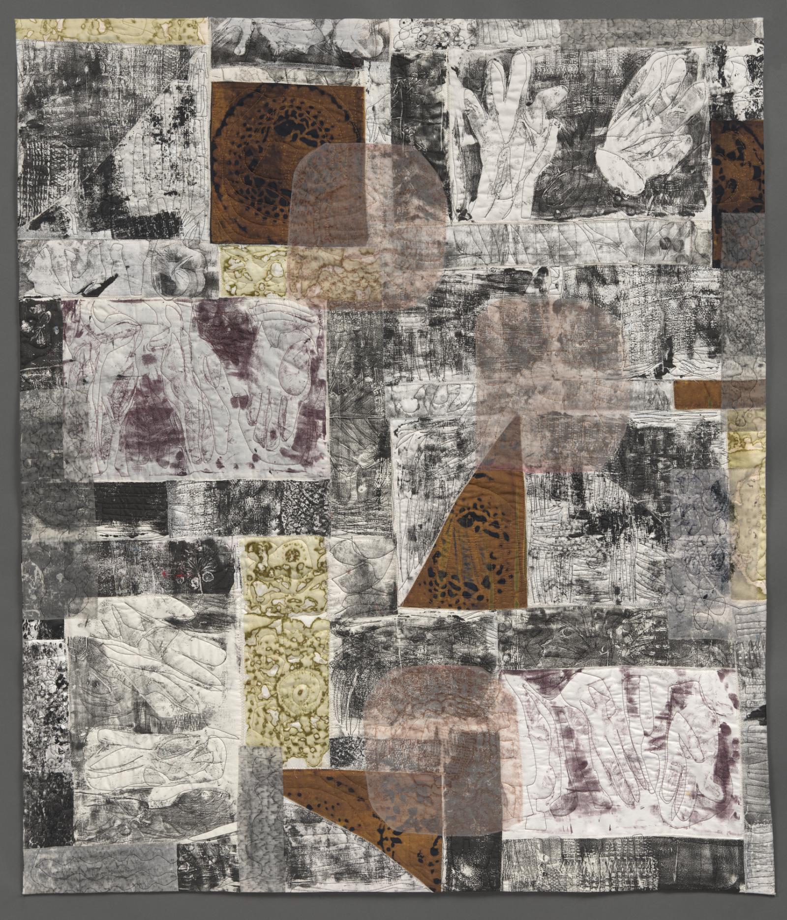 gelatin prints of textiles and gloves,deconstructed screen prints of crochet; brown,black, purple