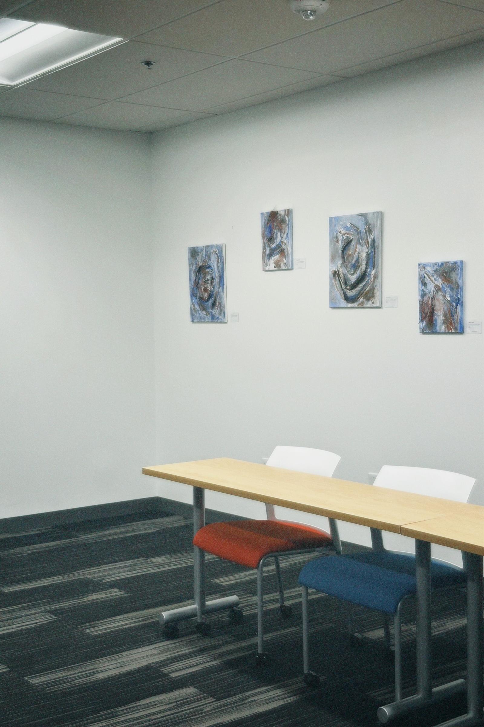 Installation view, Hard Work and Dedication, Howard County Economic Development Authority, Columbia, MD, 2023–2025.

Hard Work and Dedication is a mixed-media installation series that honors the unseen labor and resilience of everyday life. Using textiles, found materials, and gestural abstraction, the works evoke cycles of fragility, persistence, and beauty embedded in human effort. Circular motifs and textured surfaces serve as metaphors for both presence and erasure — the way contributions are imprinted on collective memory, yet often overlooked. Exhibited multiple times across Maryland from 2023 to 2025, the series transforms ordinary materials into poetic expressions of endurance, reminding viewers that even the most fragile traces can embody permanence.