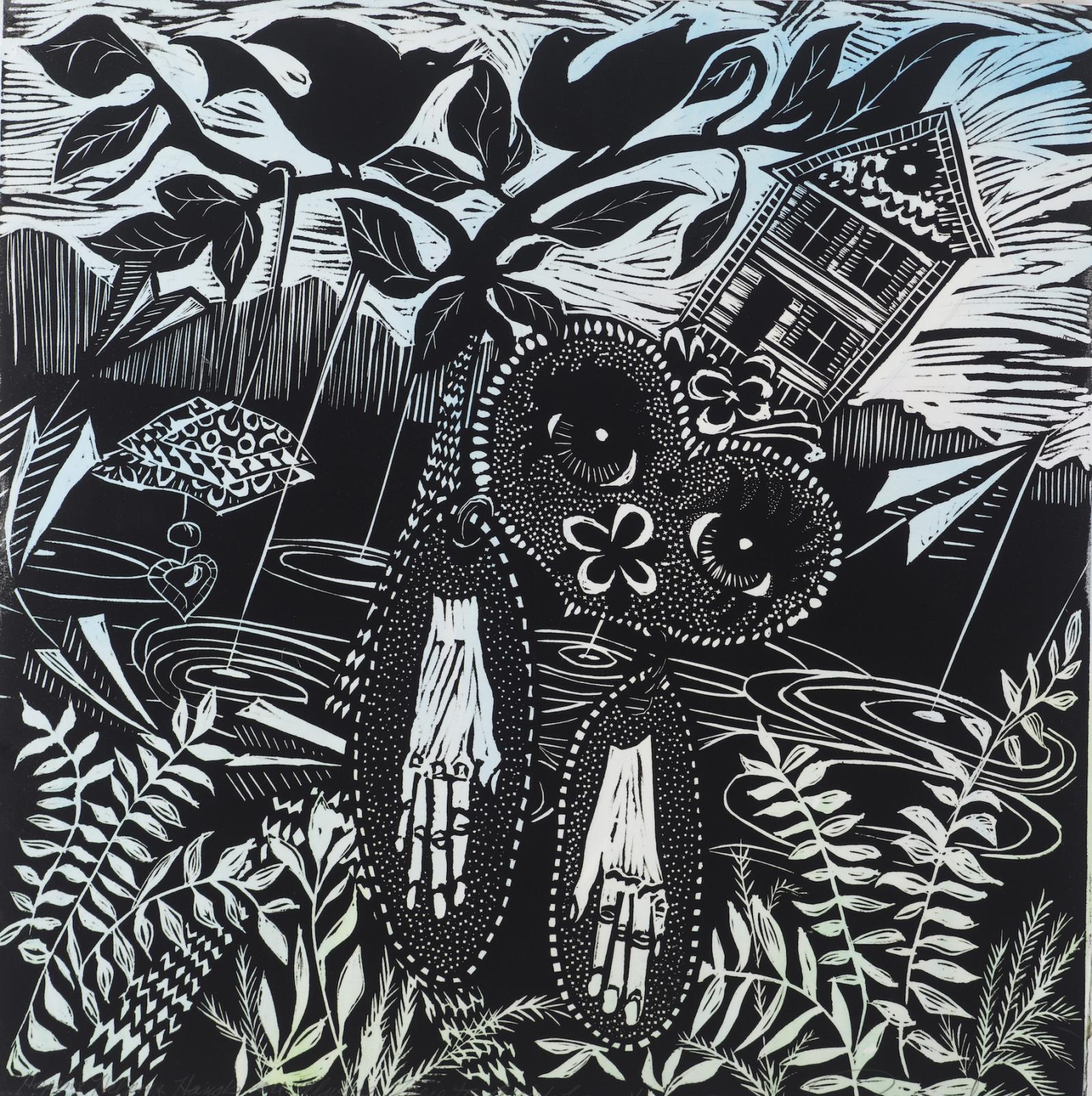 This linoleum print series is based on Mexican and West African traditions that involve the use of small talisman like objects. In Mexico the milagro (which means miracle) is a small metal charm that might be carried for protection, healing or good luck or might be hung on the sculpture of a saint or cross. Milagros can be almost any subject depending upon the need. In West Africa there is a custom of creating amulets worn to protect, heal or perhaps to bring good luck. All travelers need luck, helping hands, watchful eyes, and people who will help along the way.