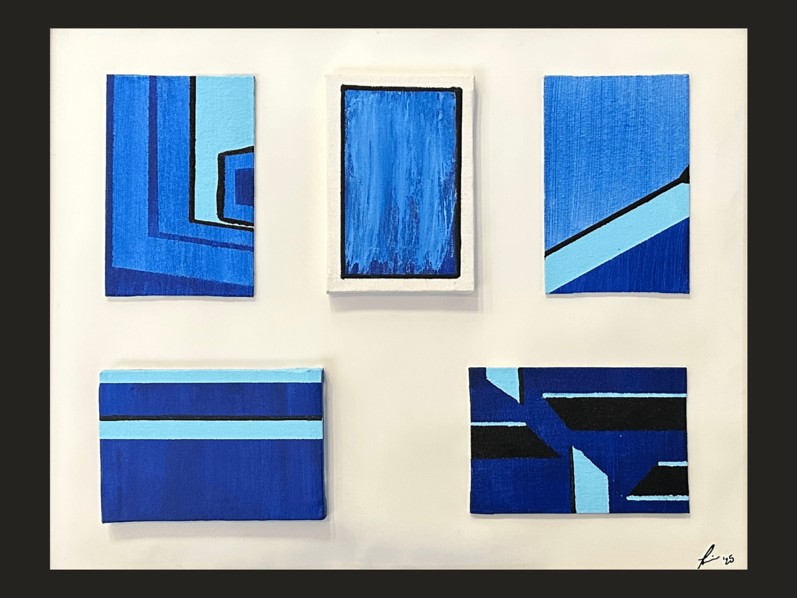 A visual tribute to my favorite Elton John song, this piece was the first artwork I submitted or sold—debuting at Out of Order 2025, hosted by Maryland Art Place. Each canvas captures different emotional textures through blue tones, layered in both feeling and form, unified by melody and memory.