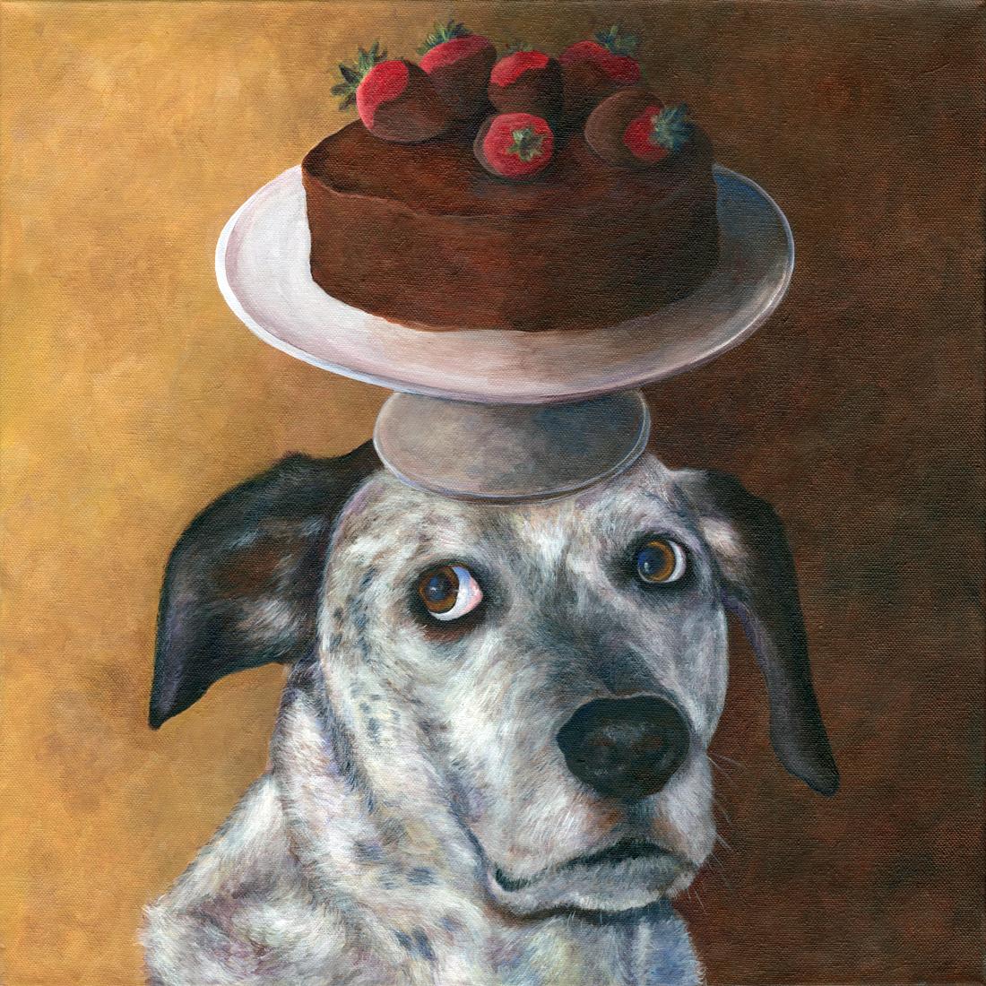 She was a dog of many talents, however she never really balanced a cake on her head. Painted on gallery wrapped canvas.