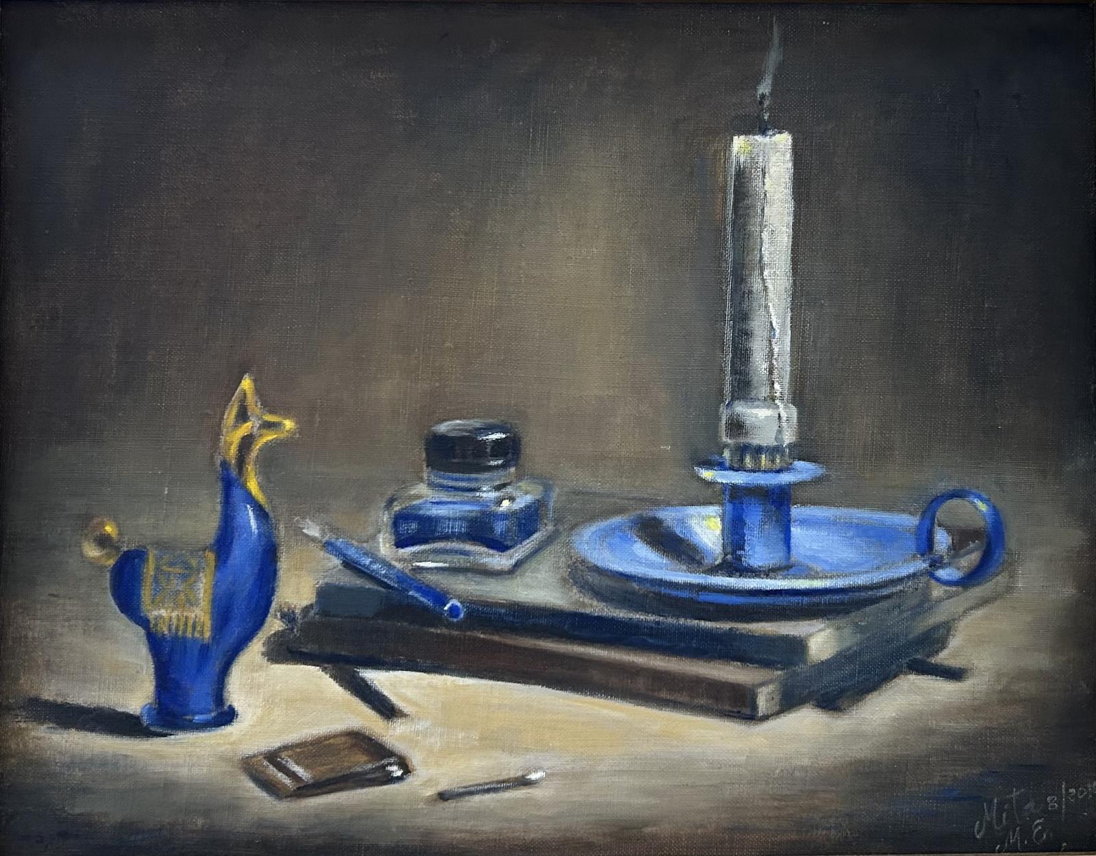 The set up for this painting I used an old blue candelabra that used to belong to my grandmother past to my mother and some old notebooks that represent the past memories of my family.