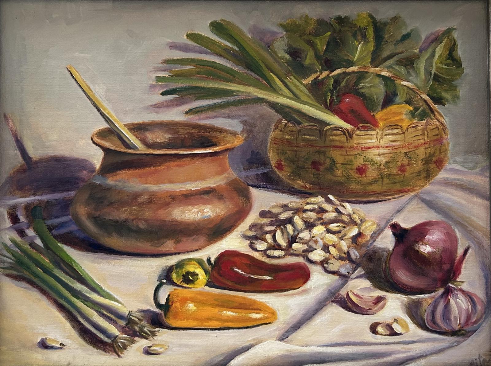 The set up for this still-life I used my grandmother's clay pot, my mother's basket reed and some corn, peppers and other ingredients that we used to use to prepare some meals when I was a child back in my country Peru.