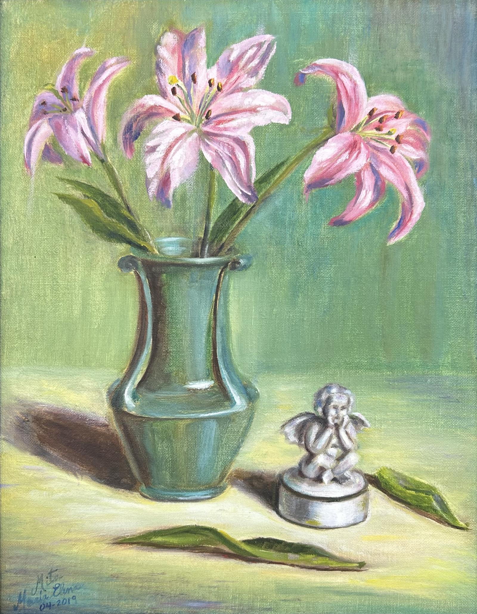 This set up for this painting is the Green Vase and Lilies from my garden
I wanted to capture in this piece the beauty of the relationship between the soft lilies with the hard green color of the vase.