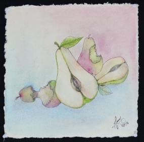 More than the proverbial apple, pears emanate endless sensuality and a hidden in sight voluptuousness. Biting from a ripe succulent pear has many more sensual connotations than the biblical apple. This work is meant to portray exactly that. I used hand-made and mechanically pressed paper with embedded cloth particles from India, on which I used translucent water colors, acrylic pens and sticks, crayons, and Chinese ink.