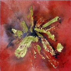 Explosion; of feelings, or of a celestial golden star. Intended to show the movement from the center out. Made with a mixture of charcoal, water colors, and real gold pieces on an strong background to emphasize the golden explosion