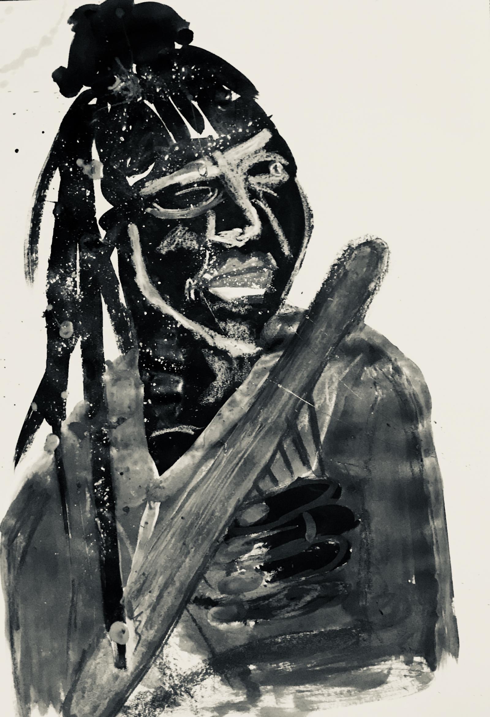 This drawing captures Daniel Okiror, a Ugandan-Kenyan musician, as he performs on Nyatiti, an African lyra, on his terrace in Mombasa 