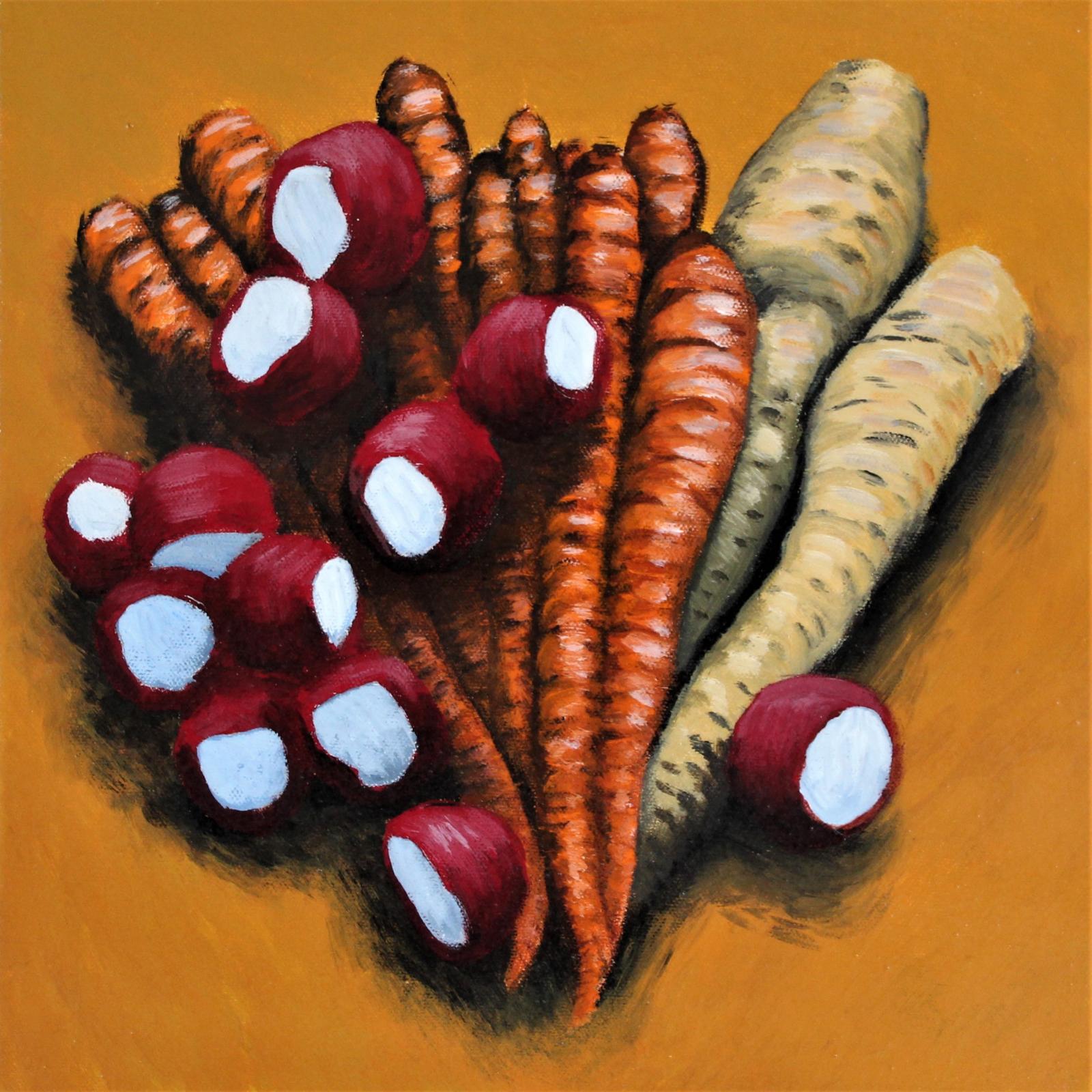 A still life composition of winter root vegetables (carrots, parsnips, radishes) on an orange background.