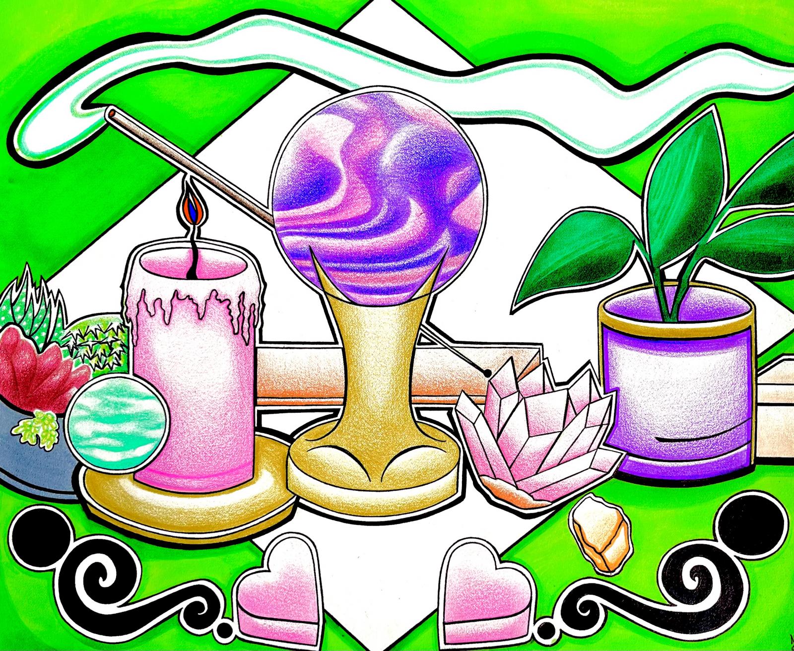 Abstract mixed media drawing depicting the beauty and the serenity of magic and spirituality.