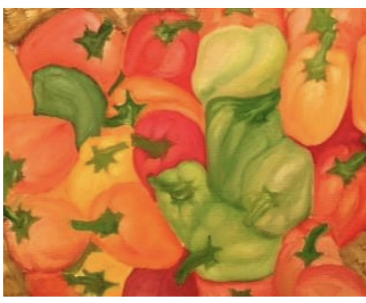 African Chores. This painting is an abstract; painted from imagination. No down with no still-life object was used to create this beautiful painting; “peppers on a Mat”. This piece was created based on my experience growing up in Africa. Peppers are possessed usually on mats and placed underneath sun light to dry and used for cooking or planting. Looking at the painting on a flat surface; depth and perspective helps pull out the peppers different colors .
