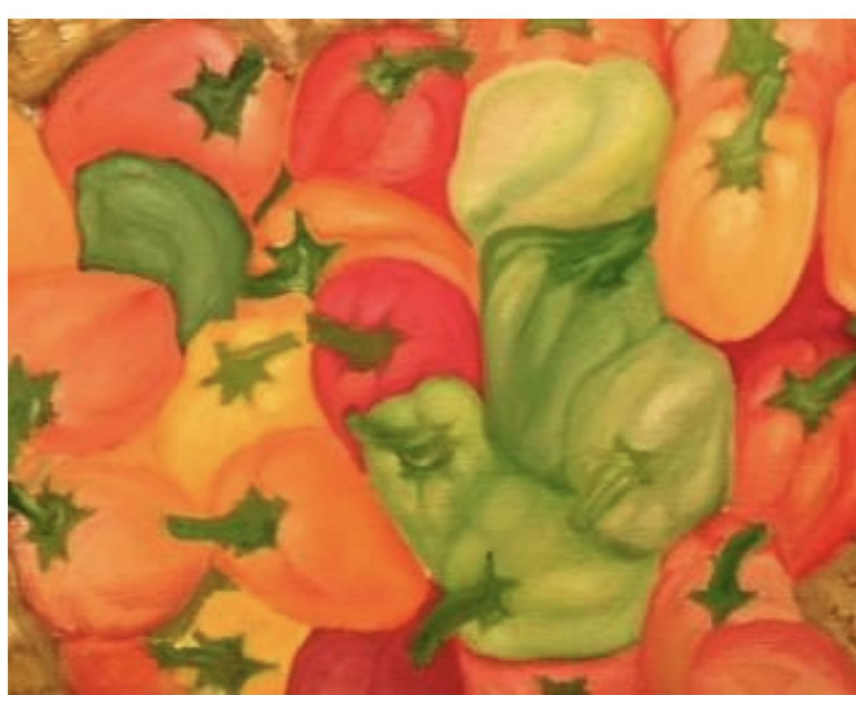 African Chores. This painting is an abstract; painted from imagination. No down with no still-life object was used to create this beautiful painting; “peppers on a Mat”. This piece was created based on my experience growing up in Africa. Peppers are possessed usually on mats and placed underneath sun light to dry and used for cooking or planting. Looking at the painting on a flat surface; depth and perspective helps pull out the peppers different colors . 