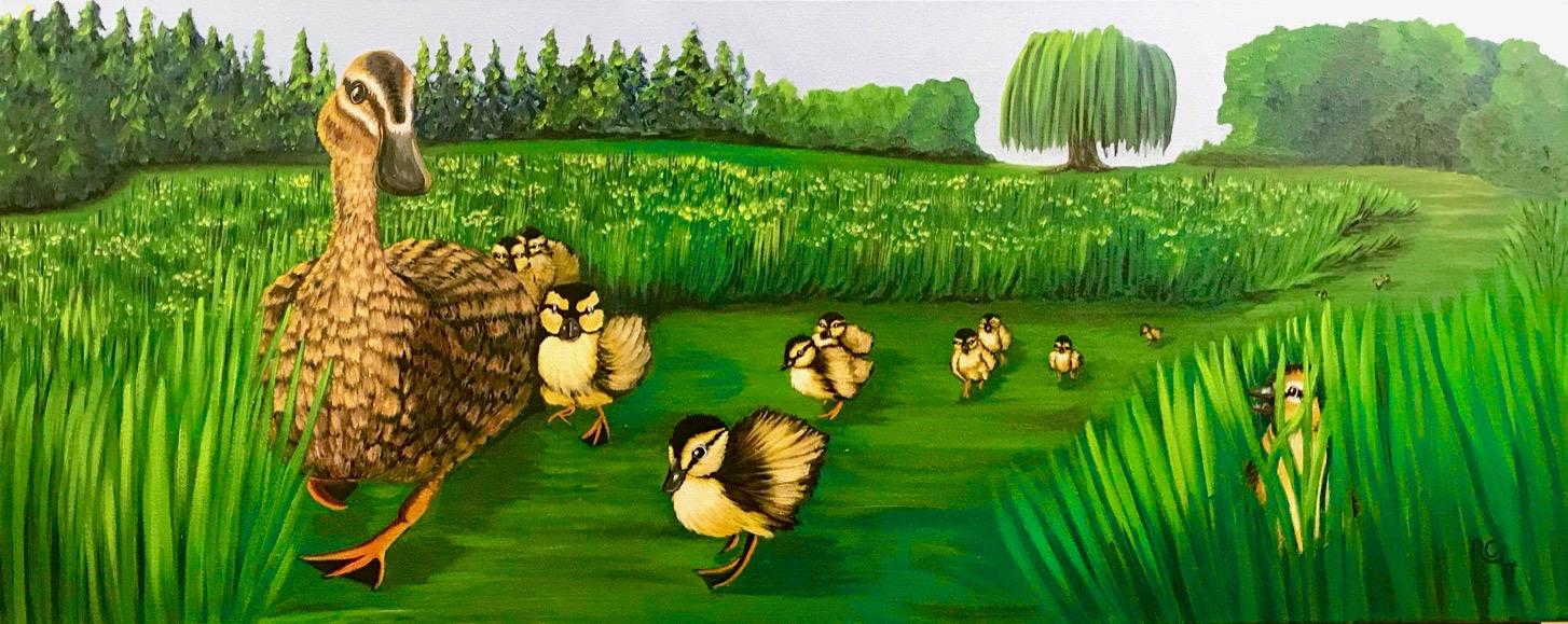 A sweet image of a Mother duck with all her ducklings while one baby plays on his own.
