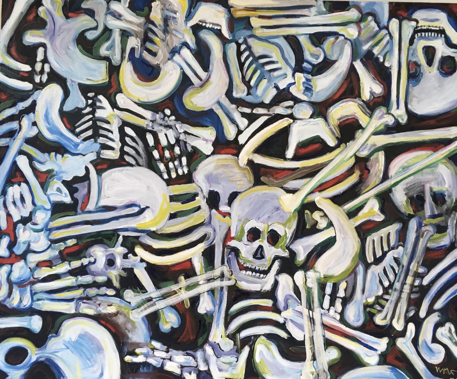 Expressive, figurative still life of human bones.