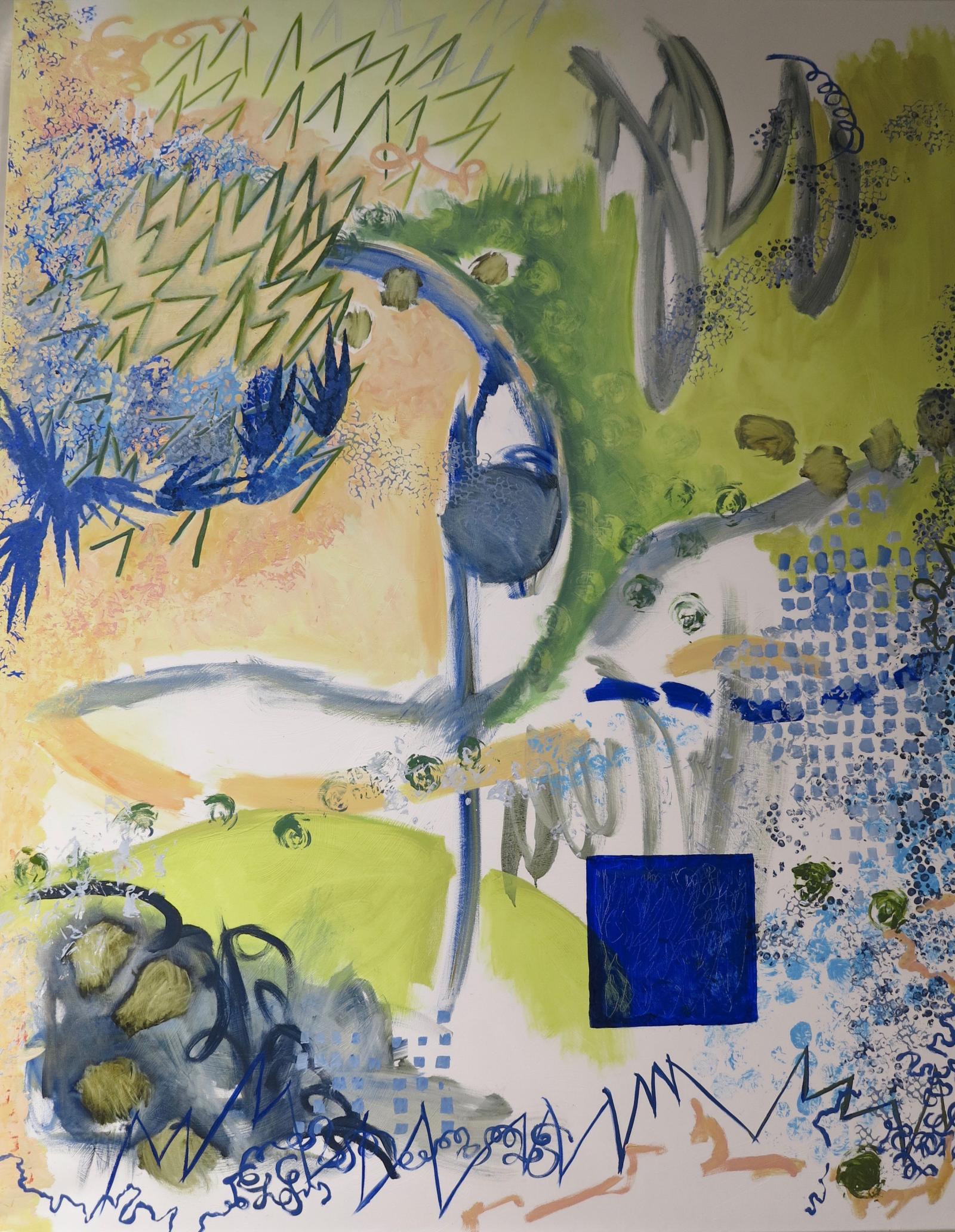 Green, Yellow, Blue, Peach, Gray abstract with blue square reflecting complexity theory