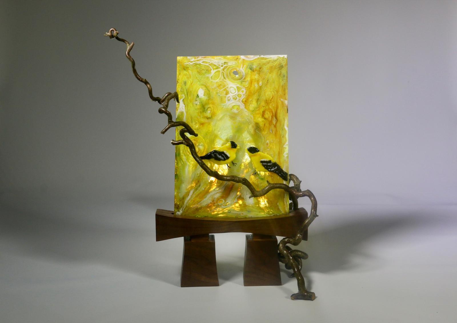 Sculpture of "Pot Melt" glass with glass formed Gold Finch birds and Walnut wood sculptural stand with walking stick
18" h x 13" w x 8 " d