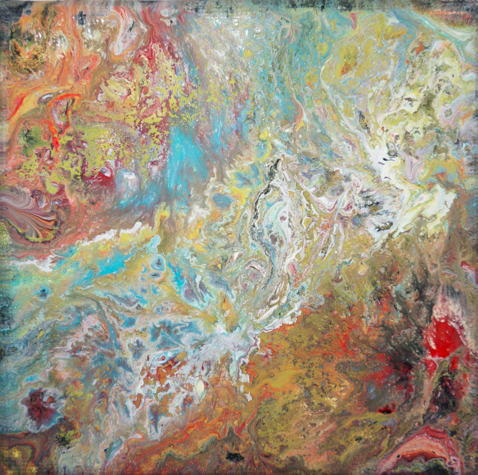 This is a 3x3 in acrylic and ink on canvas painting. I created this painting by using what is called a dirty pour technique. I mixed my colors each in a separate cup, added water until they reached the right consistency, and then proceeded to add a few drops of silicone oil to each color and mixed them.
After all of my colors were mixed, I poured one color at a time into a larger cup, flipped the cup upside down on the canvas, and then lifted it. I then began to moved the canvas around in different directions until I reached my satisfied design.
The silicone oil and water separate, which gives the cell like effect. I brought the cells out a bit more by using a lighter to hover back and forth over the painting since I dont have a blow torch yet. This was quite a fun painting!