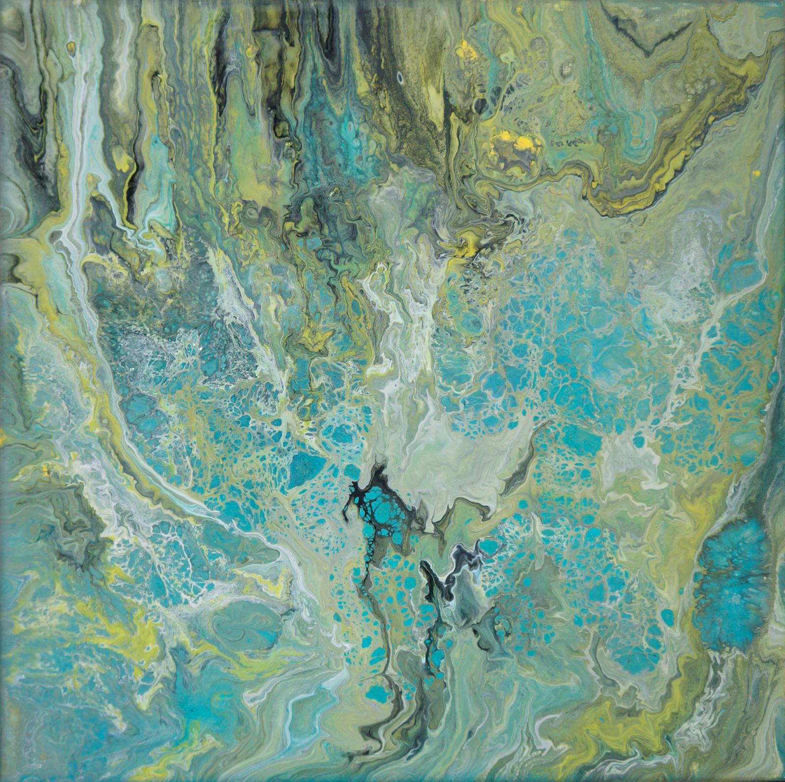 This is a 9x9 in acrylic and ink on canvas painting. I created this painting by using what is called a dirty pour technique. I mixed my turquoise, blue, and green colors each in a separate cup, added water until they reached the right consistency, and then proceeded to add a few drops of silicone oil to each color and mixed them.
After all of my colors were mixed, I poured one color at a time into a larger cup, flipped the cup upside down on the canvas, and then lifted it. I then began to moved the canvas around in different directions until I reached my satisfied design.
The silicone oil and water separate, which gives the cell like effect. I brought the cells out a bit more by using a lighter to hover back and forth over the painting since I dont have a blow torch yet. The cells also add that sense of being in water. The use of different blues also creates a refreshing look. This was quite a fun painting!
