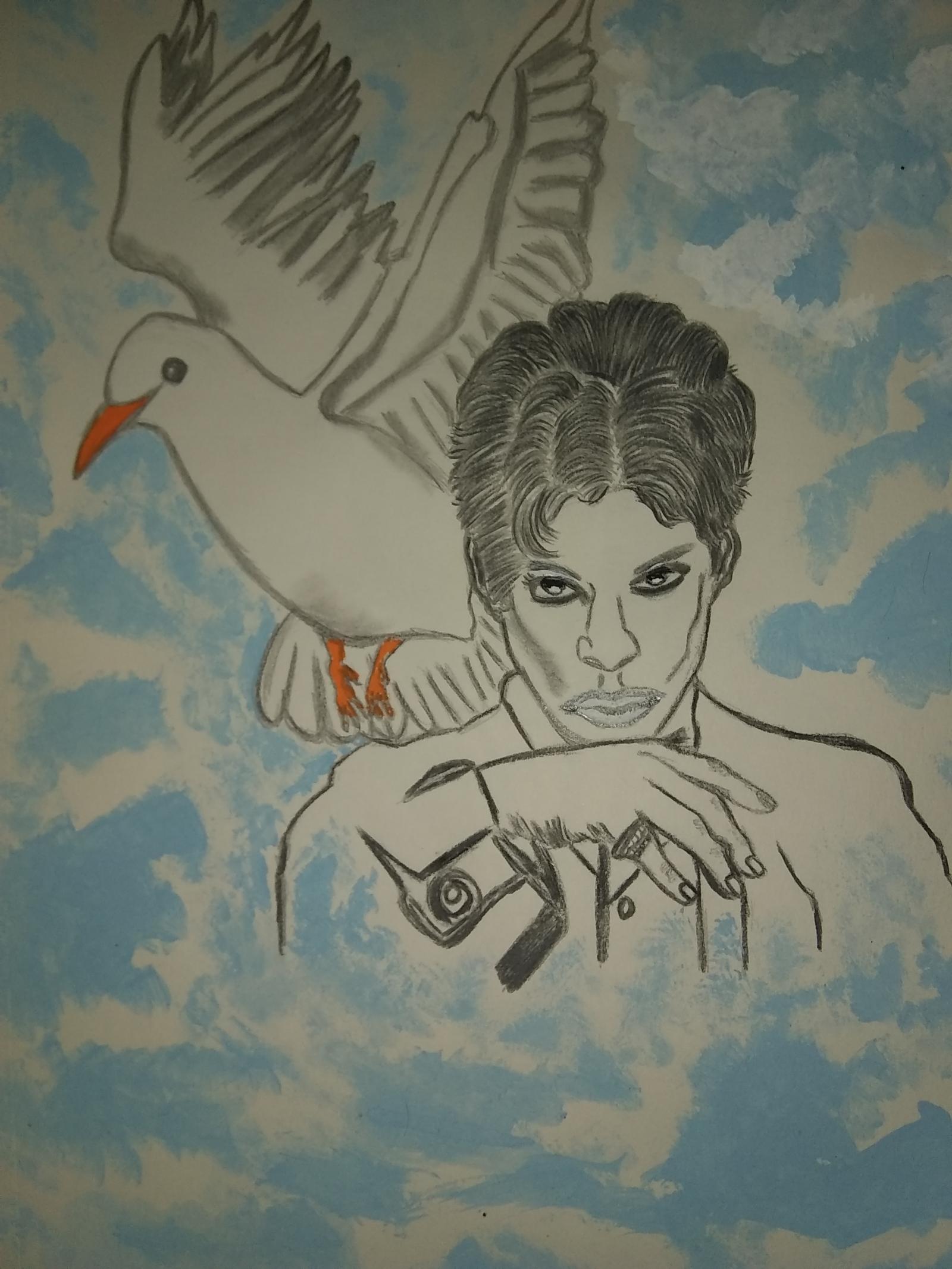 Drawing of the legendary singer, actor, and musician Prince with painted clouds in the background.