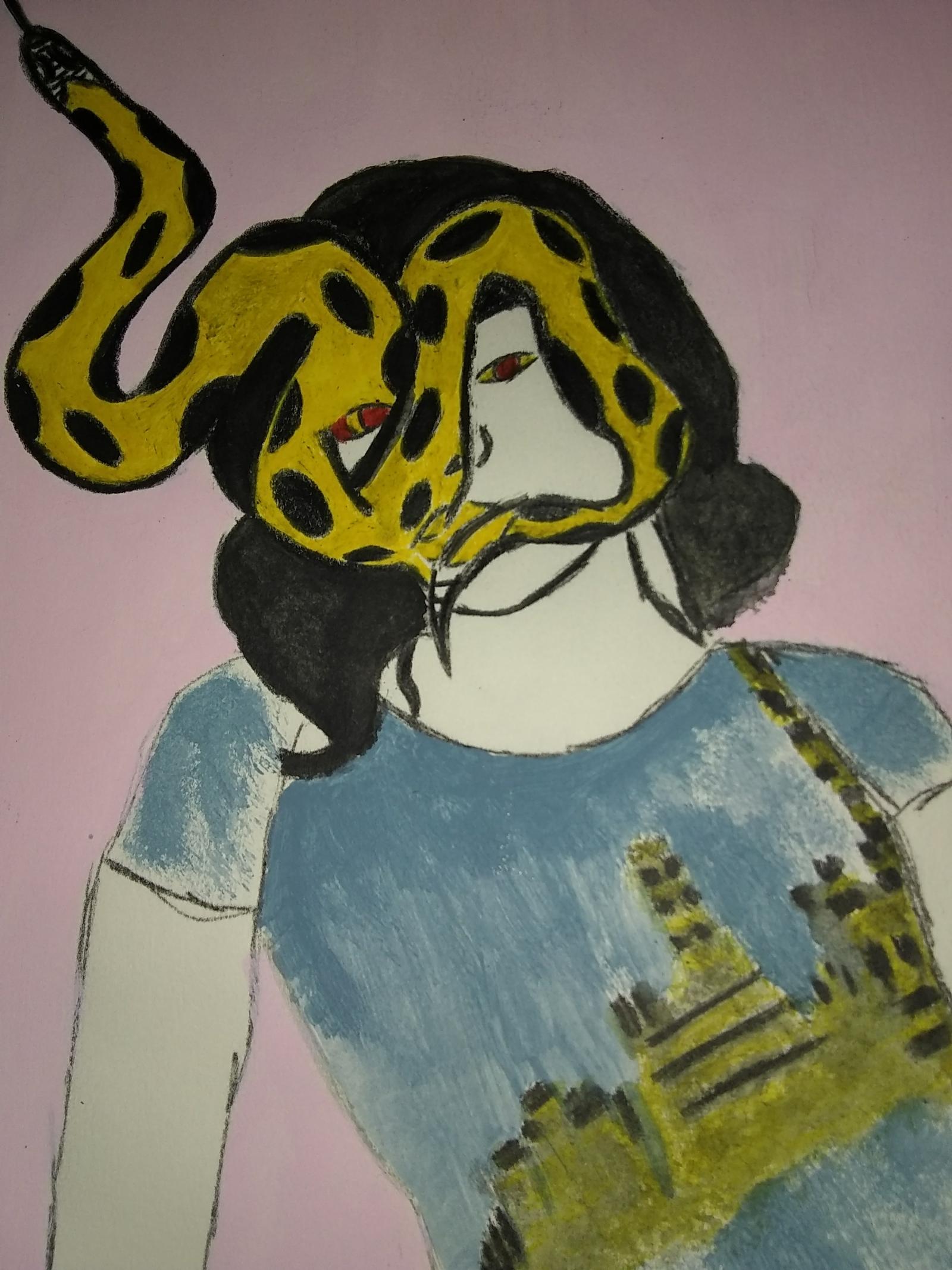 Drawing and painting of a woman with a yellow and black snake over her face along with a painted yellow and black town on her dress.