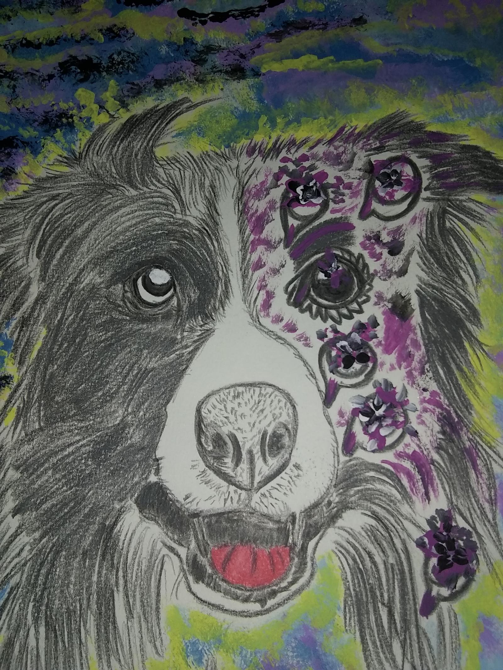 Drawing and painting of a puppy with many of eyes of flowers.