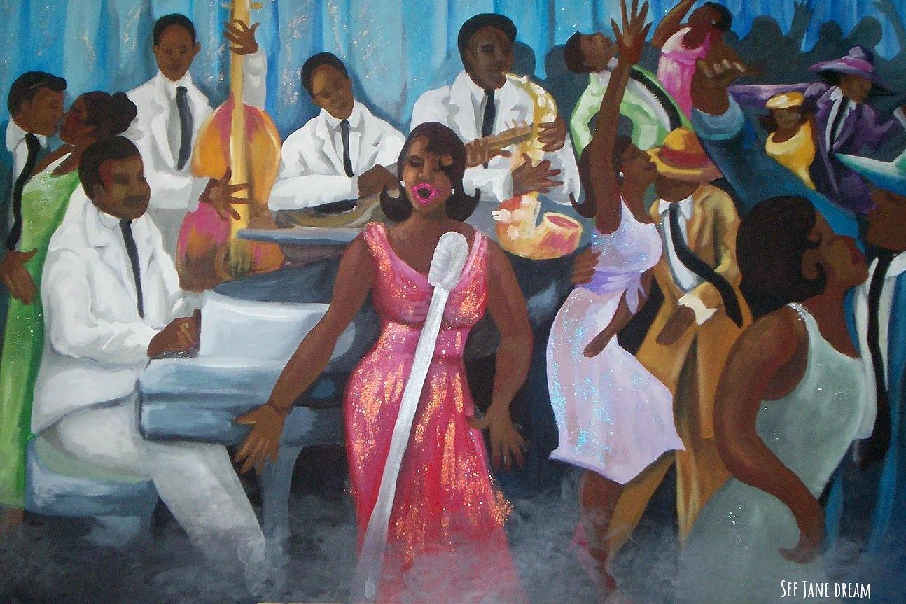 Swing with jazz painted on wood 2' x 4'