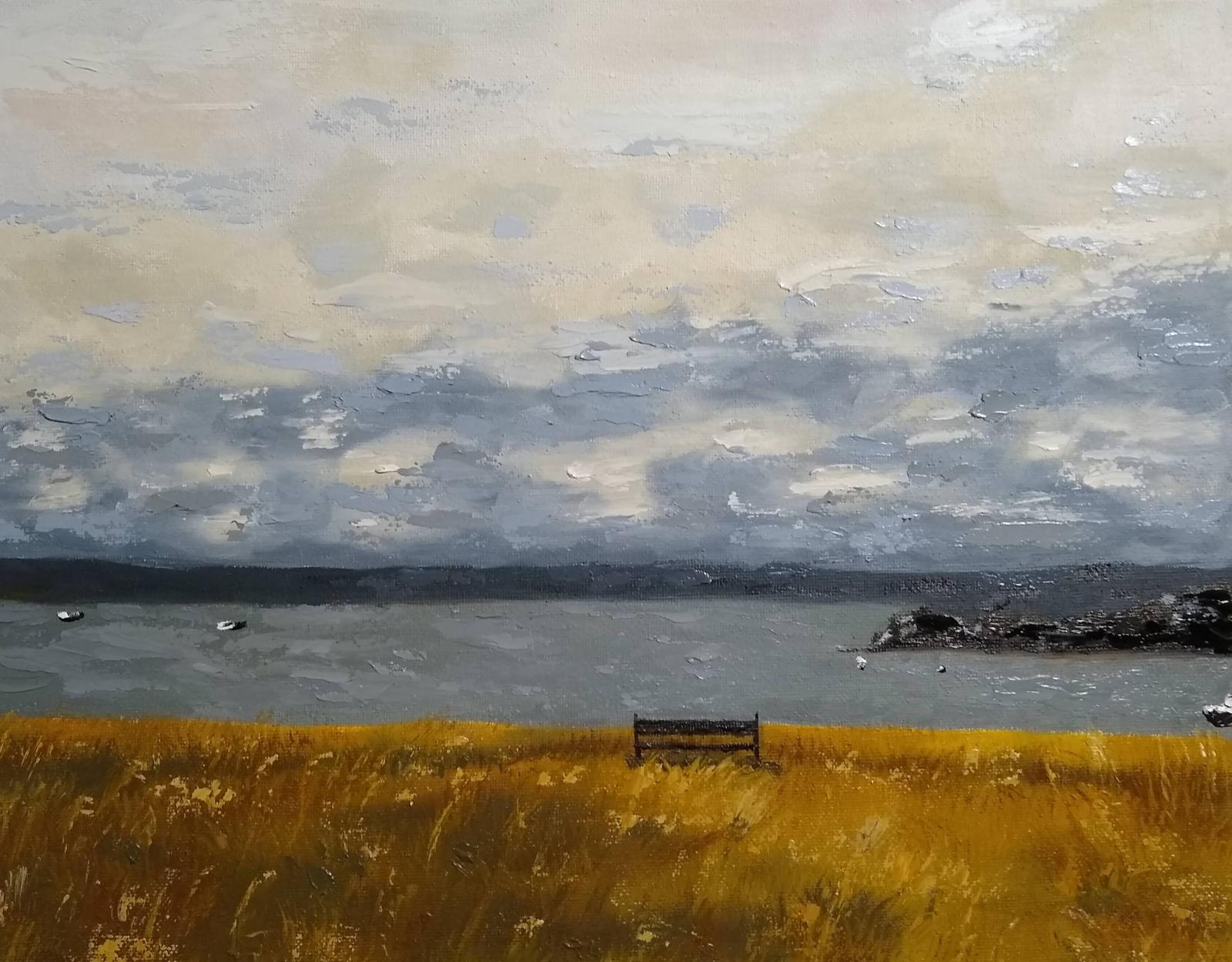 Oil painting of a calm summer's day looking out over the bay. Heavy, slow clouds can be seen in the distance, but haven't yet arrived. Everything is quiet, warm, and isolated.