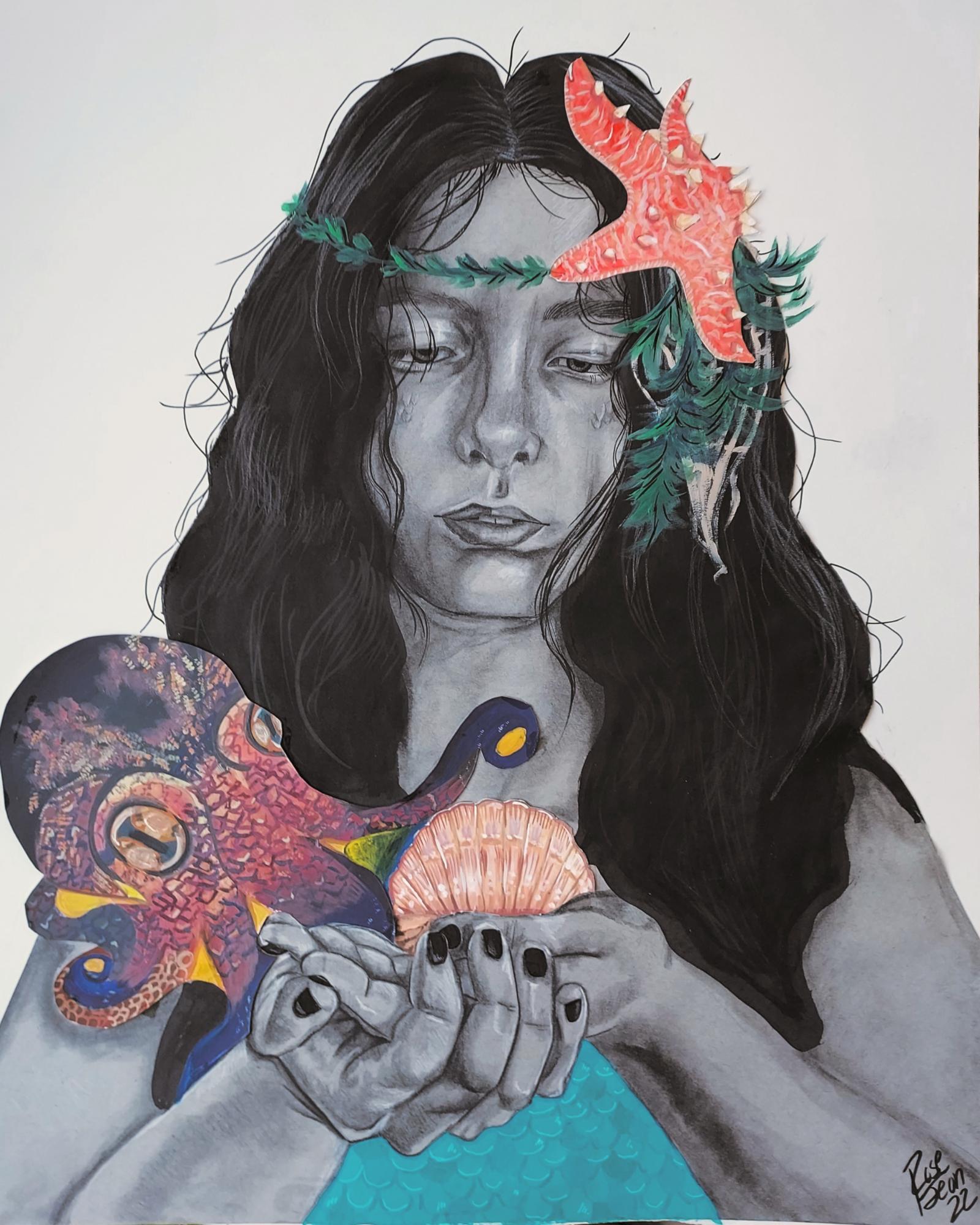 A young mermaid with an octopus on her should as they looks down at the clam in her hands.