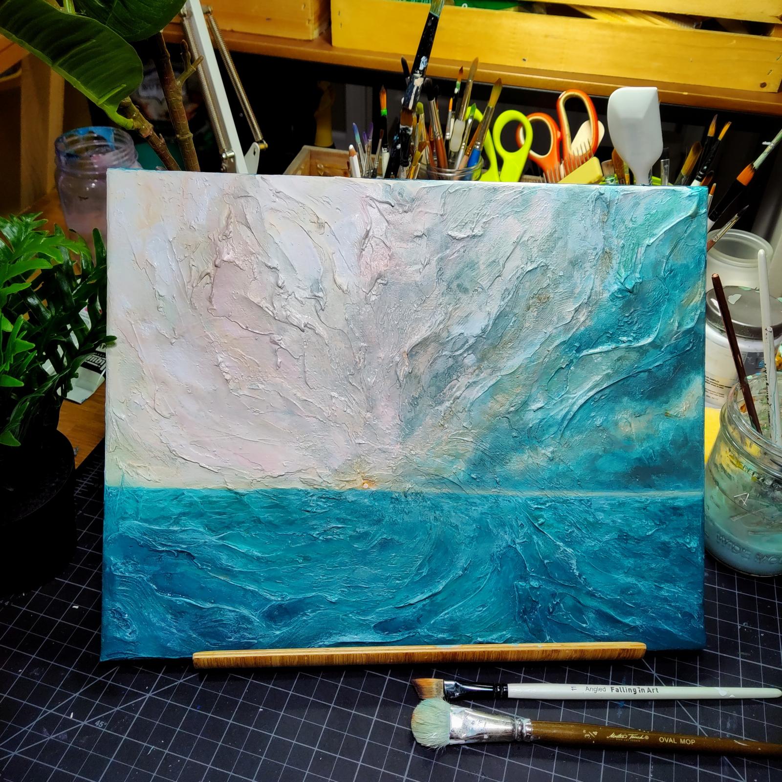 This painting was inspired by the beautiful skyline of a storm just passing over the water. The canvas is textured to really add dimension to the painting. Painted with acrylic on an 8x10 canvas.