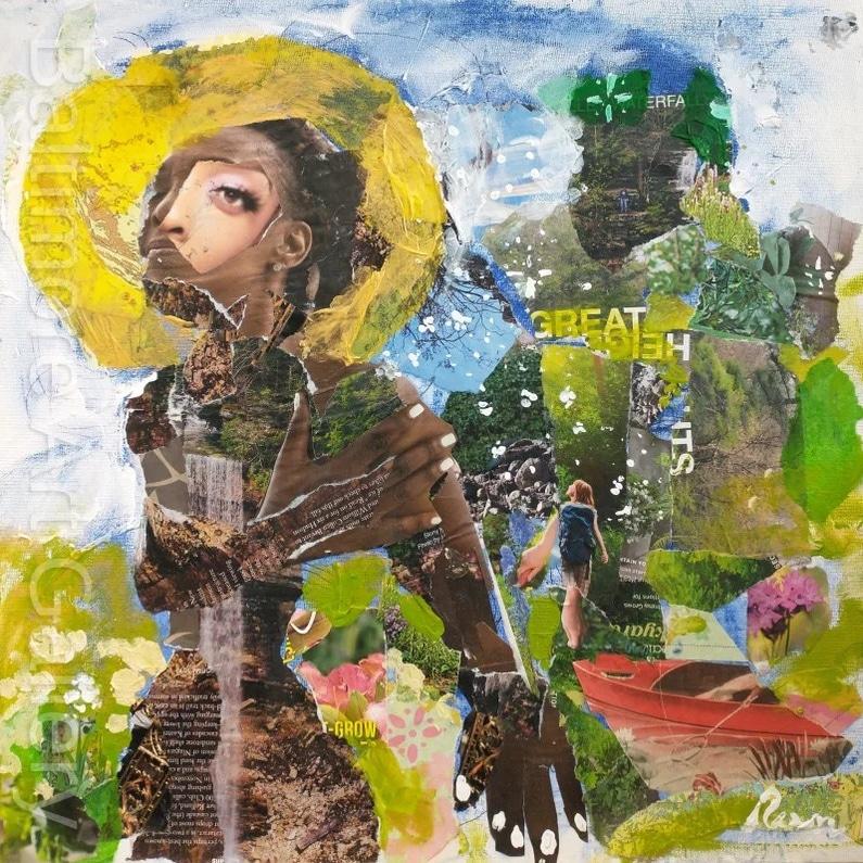 Collage painting inspired by a collaborative experience between a poet and an artist to move beyond illustration and evoke and challenge both to move beyond both.