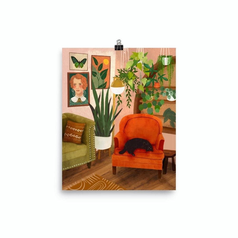 This digital illustration depicts a cozy maximalist styled room with bold colors, house plants and a playful cat.