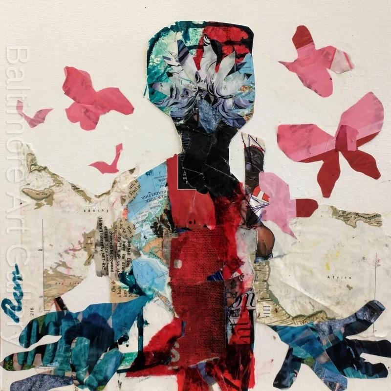 Collage painting of the painted boy, an avatar who appears in a number of my works. He represents personal, social and artistic growth , changes, and hopes.