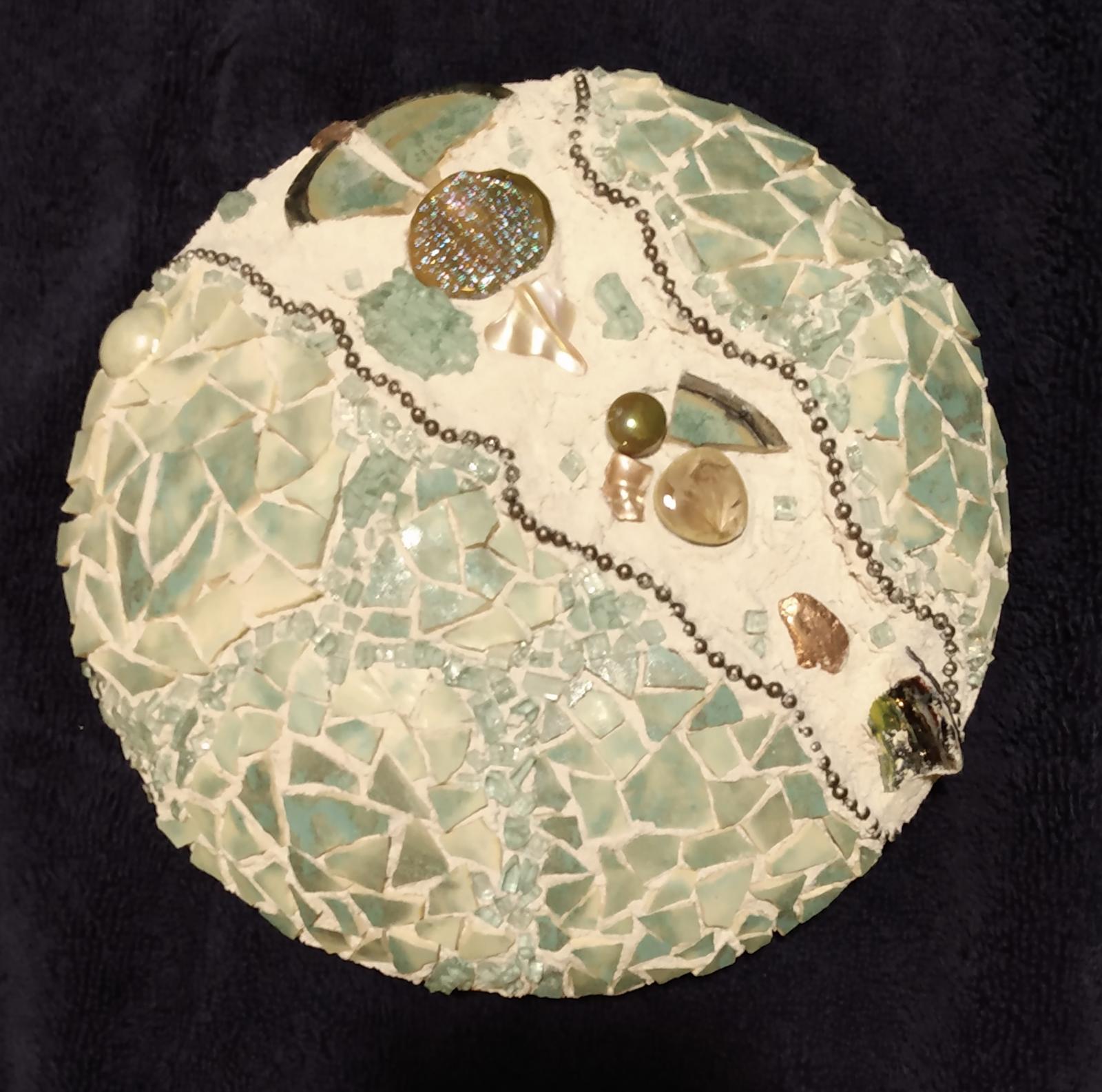 Formed ceramics, stone, fused glass, safety glass, shell, beads, copper