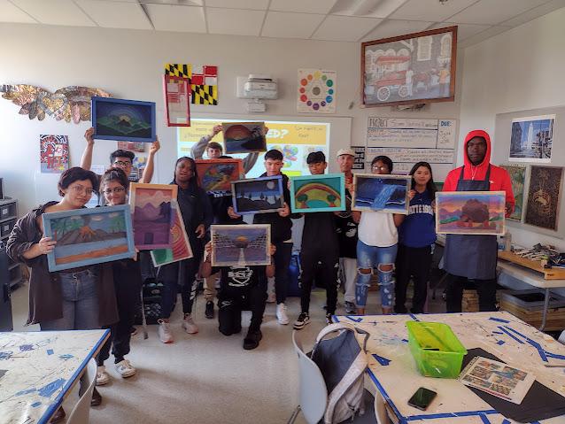 Individual wood framed painted screens created by 10th & 11th graders end of school year 2023.
Curriculum - "Landscapes"  10 students of 100 total created that students are able to take home. 