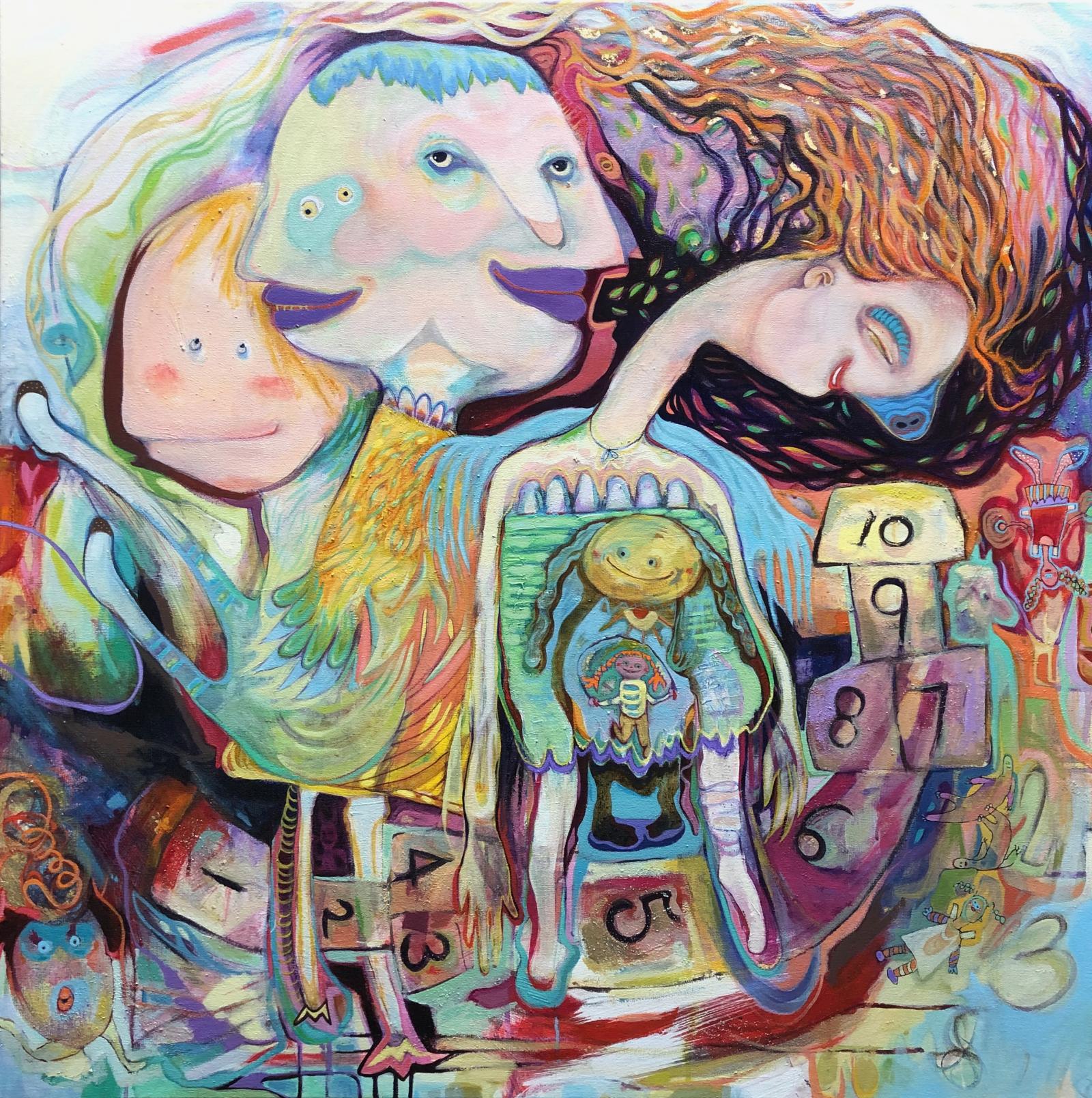 This painting connects with our inner child. Remembering fondly the energy and playfulness of our youth; playing hopscotch, dress, up, and make believe.