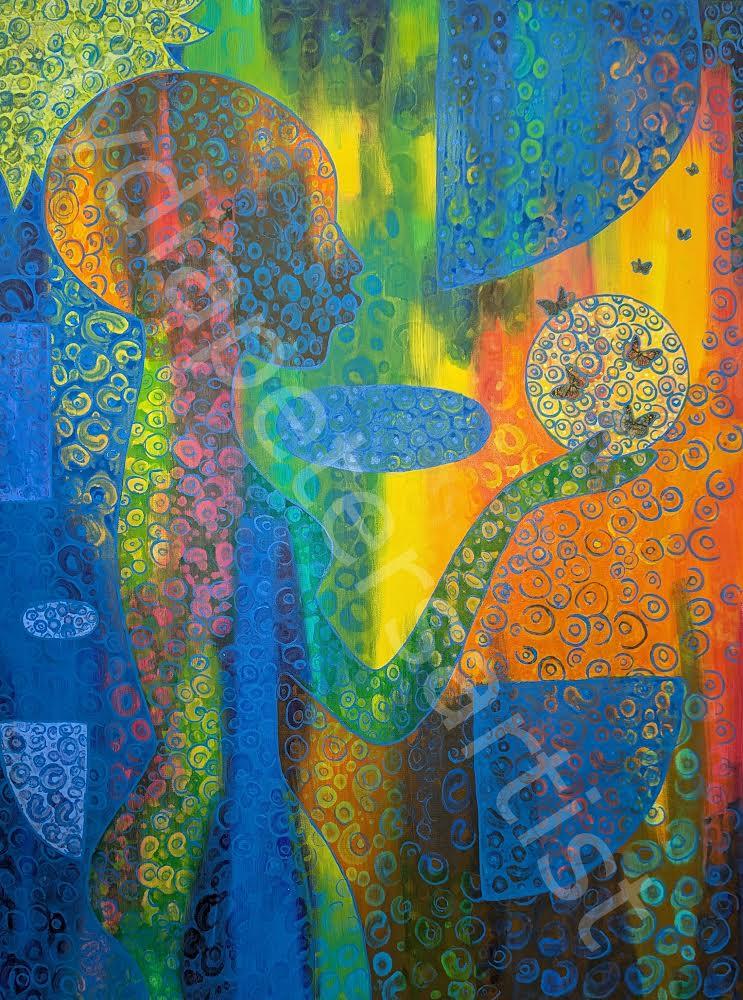 "Rebirth" is a vibrant and evocative portrayal of personal transformation and spiritual awakening. The central figure, rendered in tranquil blues, reaches out with a hand that holds a metaphorical crystal ball, from which butterflies emerge, symbolizing the beauty and freedom of evolution. The intricate patterns and contrasting colors create a sense of depth and energy, reflecting the complexities of the inner journey.  The bright hues evoke the life-giving force of the sun, infusing the artwork with a sense of optimism and renewal.  "Rebirth" invites us to embrace change, to shed old layers, and to emerge into a brighter, more authentic version of ourselves.
Poem:
