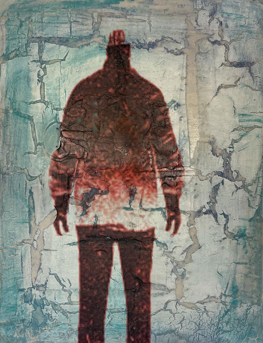Image transfer to painting on plaster. AI generated self portraits from images and test prompts