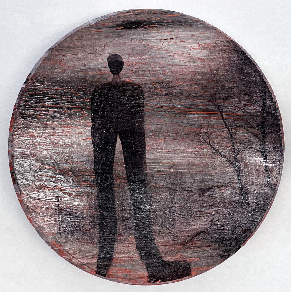 Image transfer to painting on plaster 8” in diameter. AI generated self portraits from images and test prompts