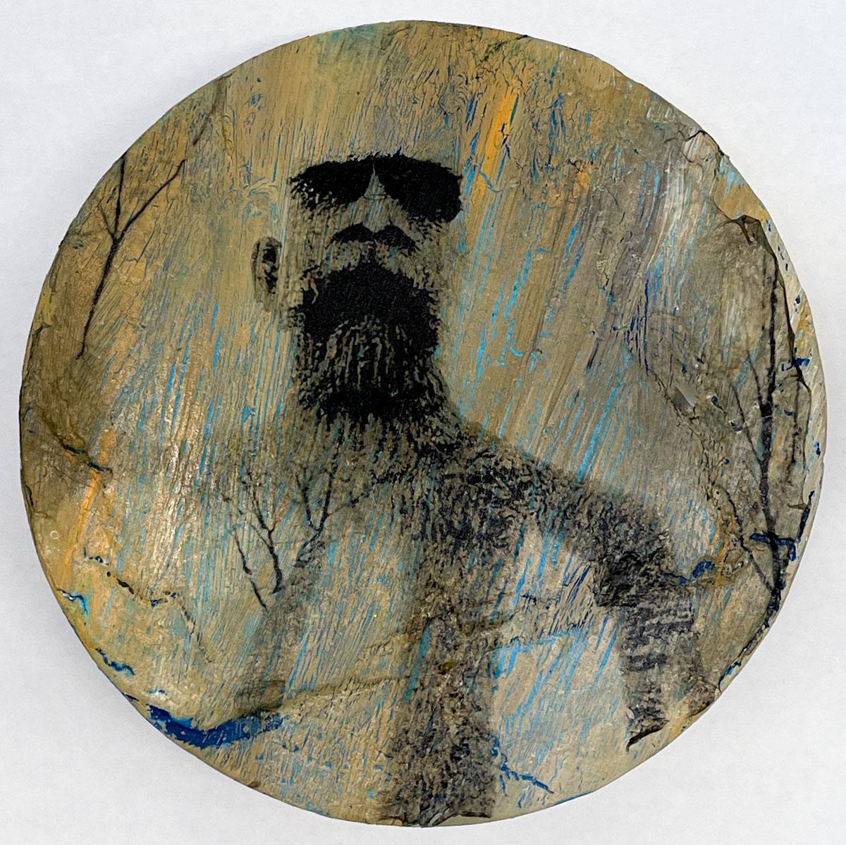 Image transfer to painting on plaster 8” in diameter. AI generated self portraits from images and test prompts