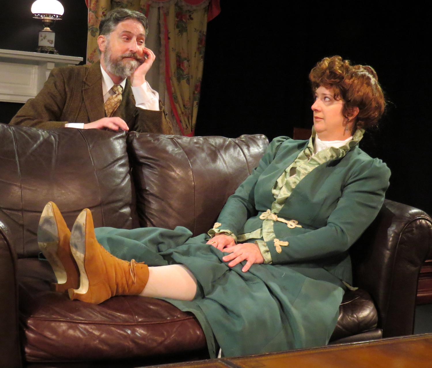 Playwright Bernard Shaw (John Morogiello) captivates heiress Charlotte Payne-Townshend (Rebecca A. Herron).